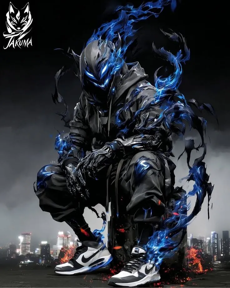 an image of a man with blue flames on his face and legs in front of a cityscape