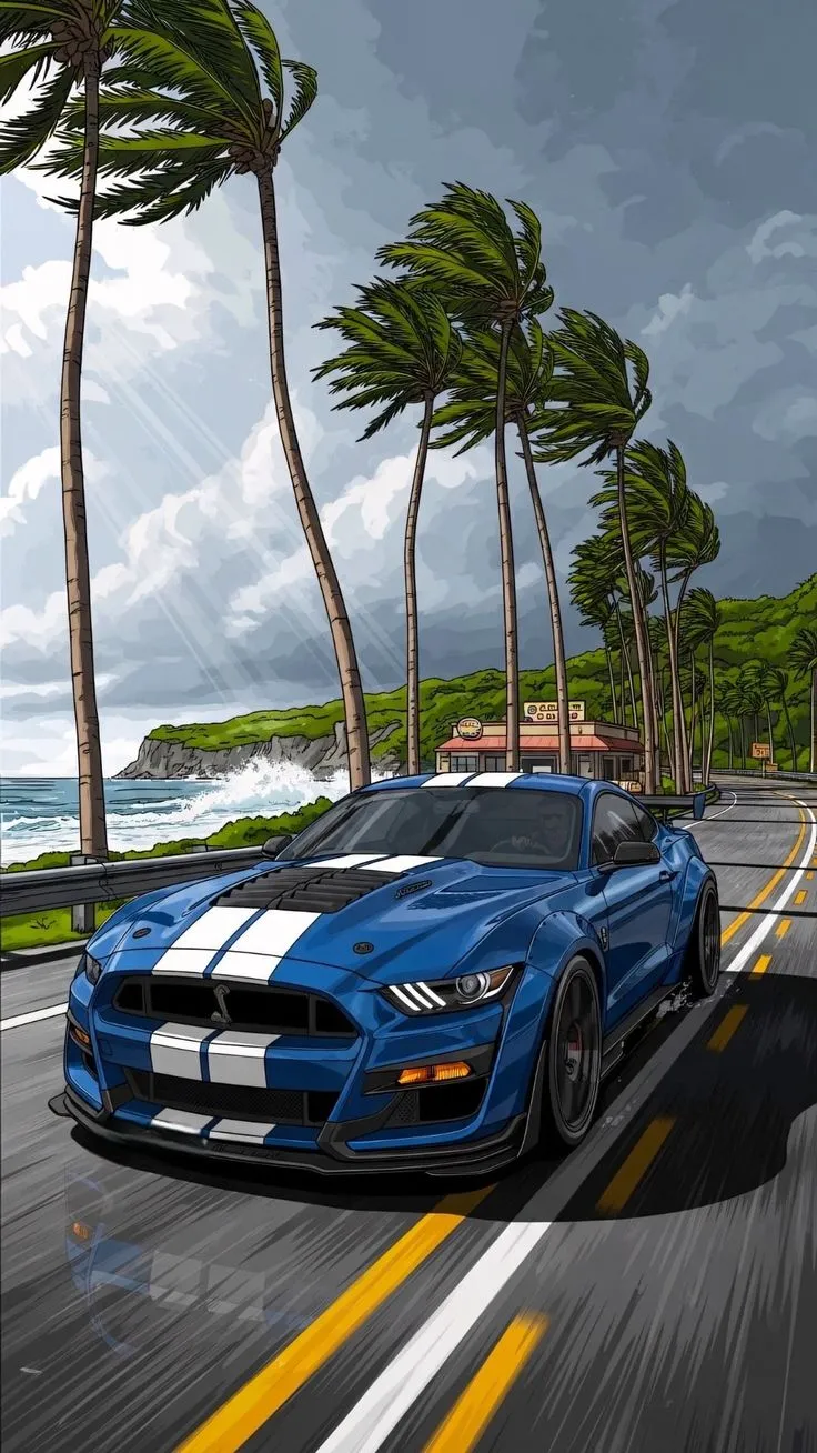 a painting of a blue sports car driving down the road with palm trees in the background