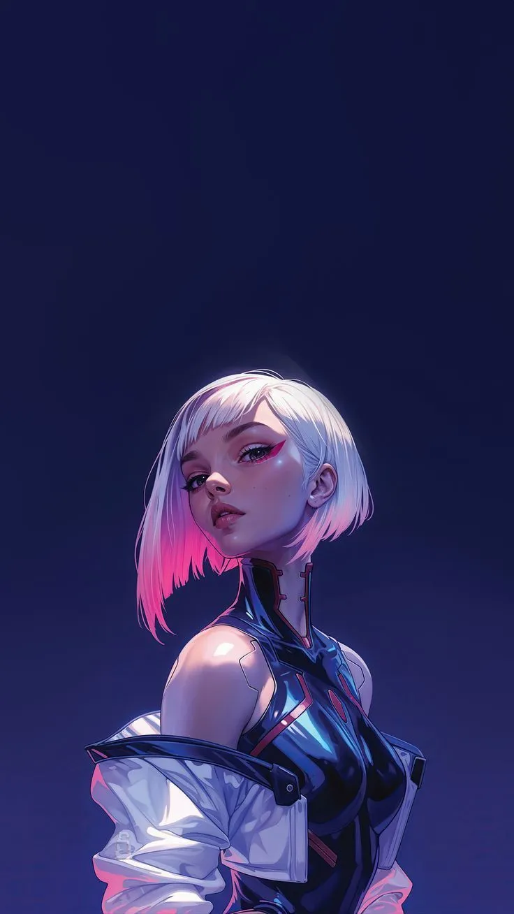 a woman with pink hair and black outfit standing in front of a dark background, looking at the camera