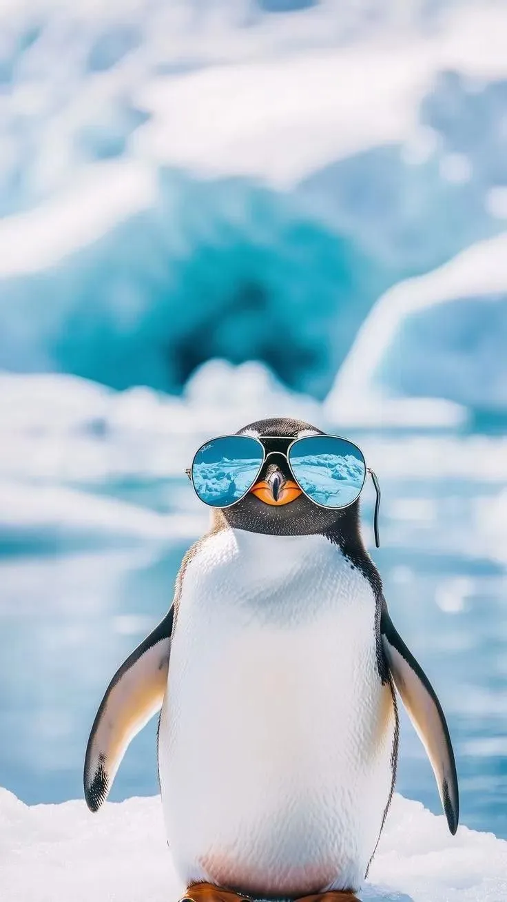 a penguin with sunglasses on its head standing in the snow