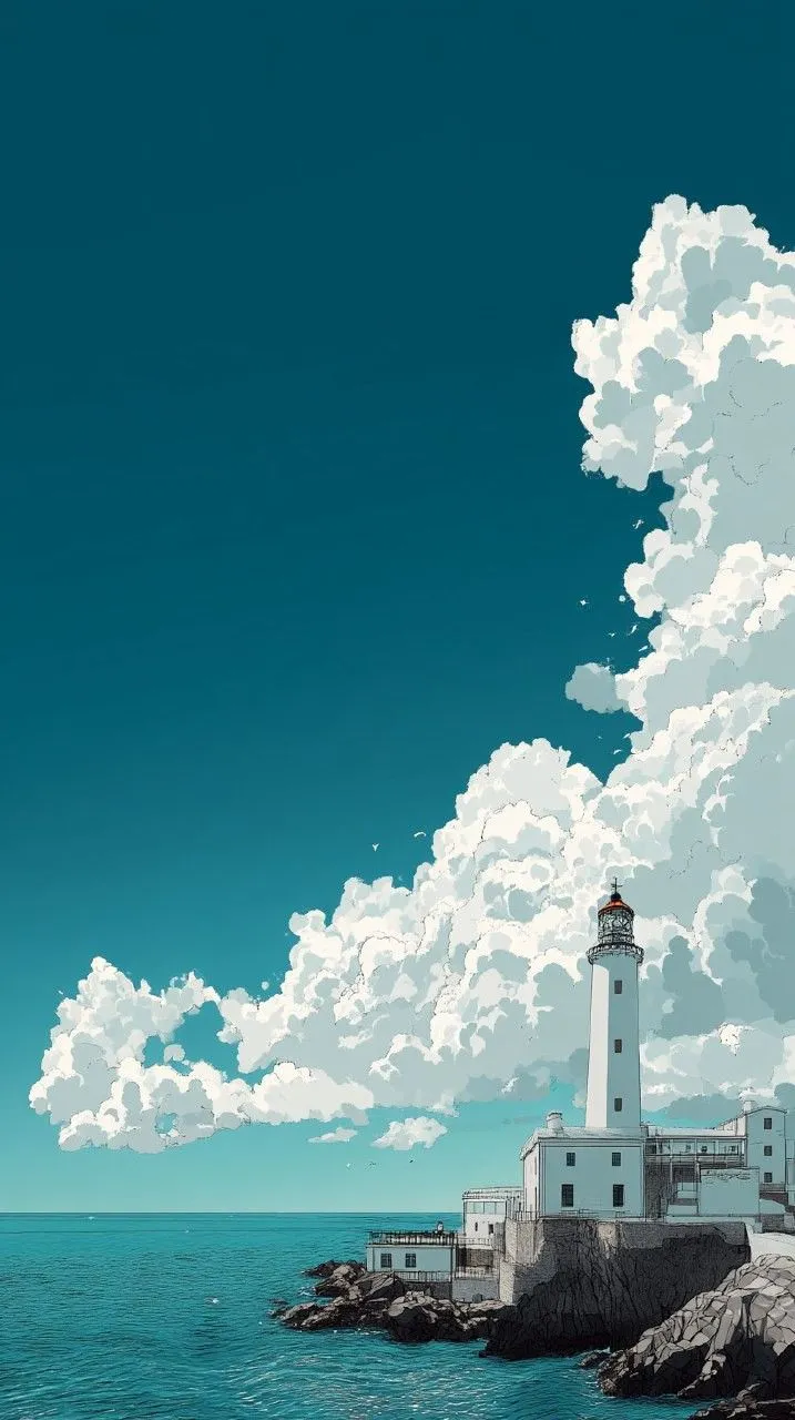 a painting of a lighthouse in the ocean