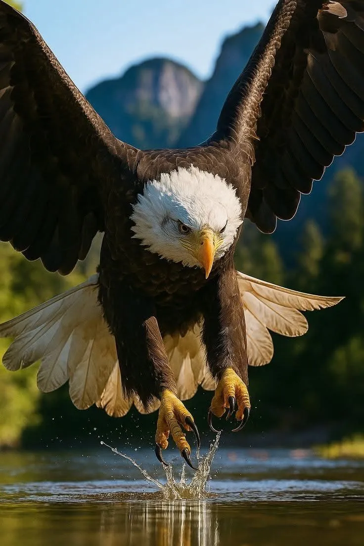 an eagle is landing on the water with its wings spread out and it's talon extended