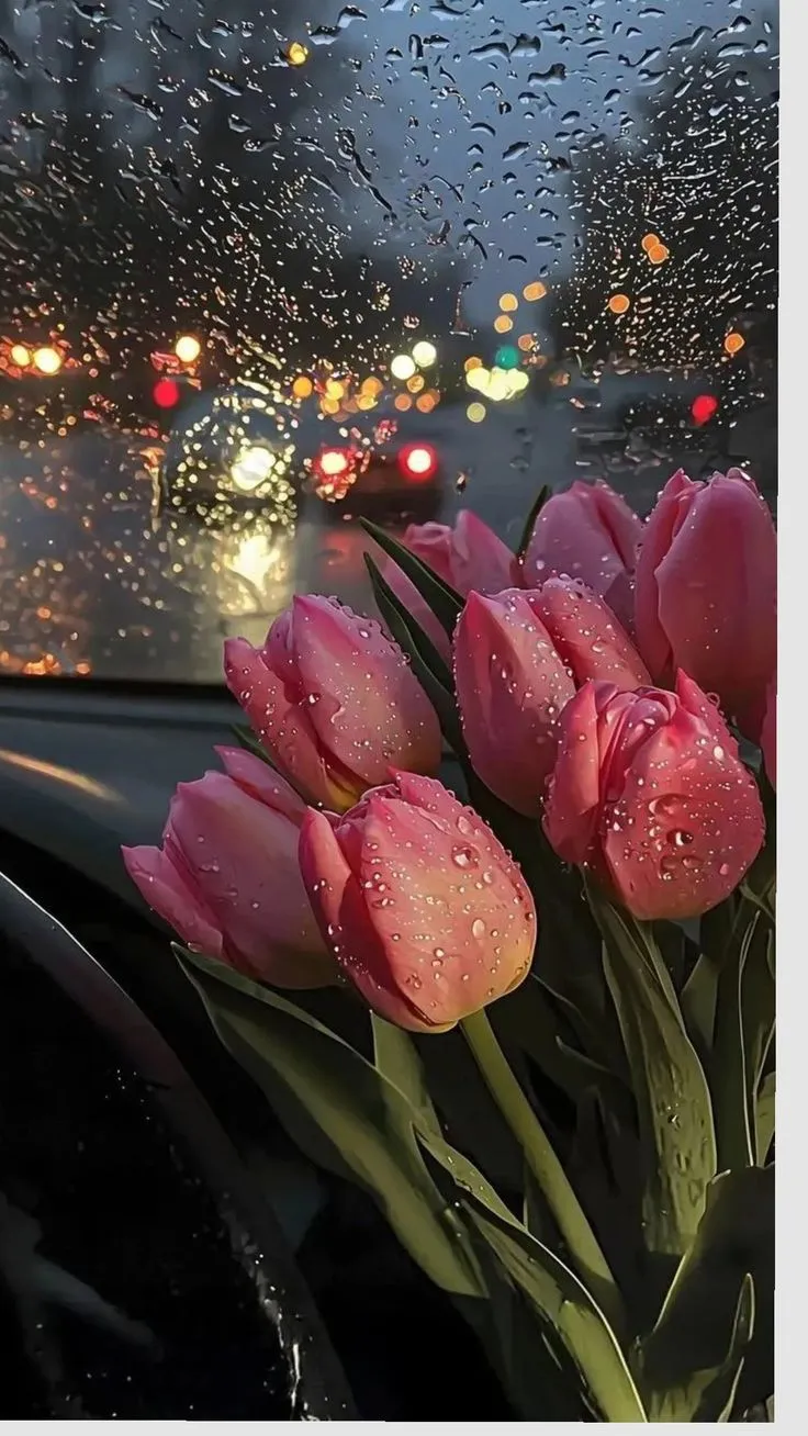 pink tulips in front of a car with raindrops on the windshield