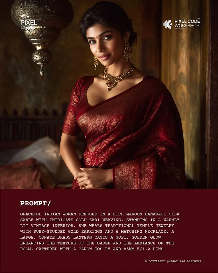 Heritage and innovation, entwined by AI.Silk stories, told not by a camera, but by code. Each fold of these exquisite sarees, every glint of traditional jewelry, and the warm glow of an antique lantern—pixel-perfect, brought to life through AI artistry.Fr