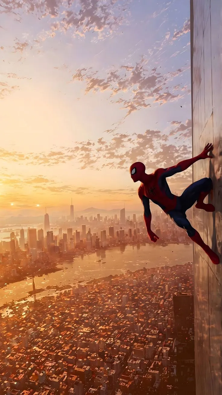 a spider man hanging from the side of a building in front of a cityscape