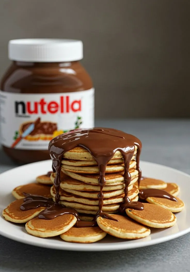 a stack of pancakes on a plate with chocolate drizzle and nutella spread in the background