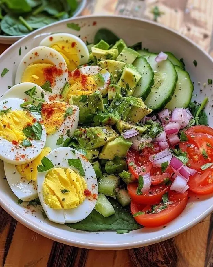 a salad with hard boiled eggs, tomatoes and cucumbers