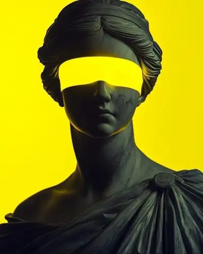a woman's head with a blindfold on it, in front of a yellow background