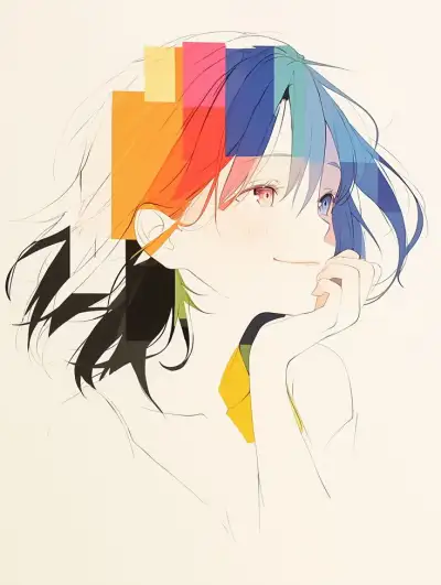 a drawing of a woman with multicolored hair and blue eyes, holding her hand to her face