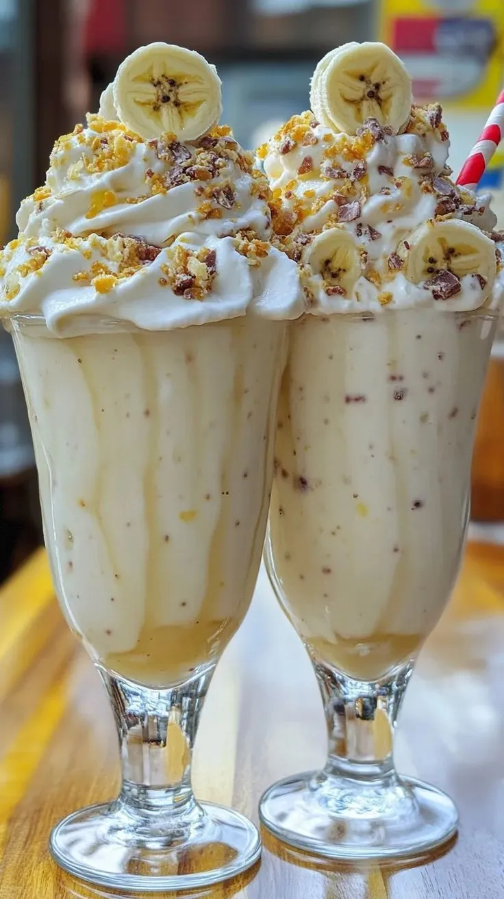 two glasses filled with ice cream and banana slices