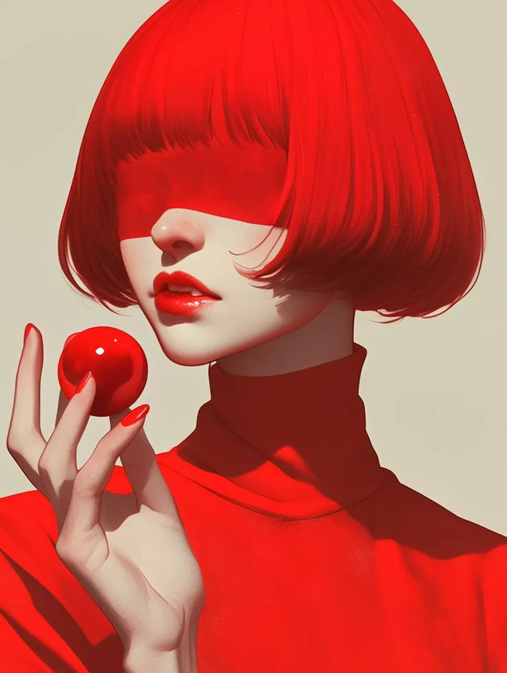 a woman with red hair holding an apple