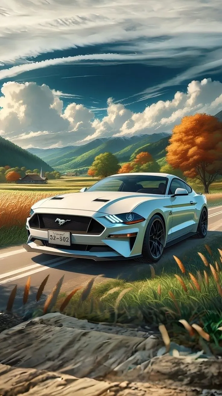 a painting of a white mustang driving down a country road in front of trees and clouds