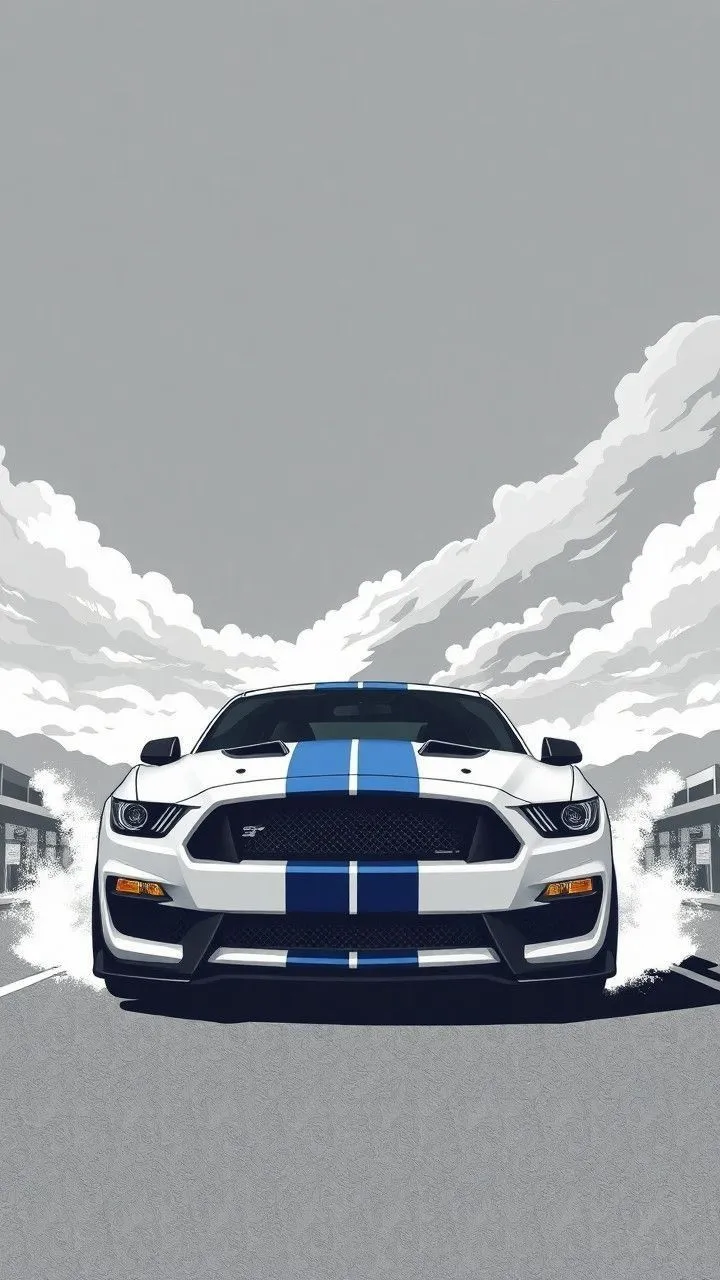 the front end of a white and blue ford mustang on a road with clouds in the background