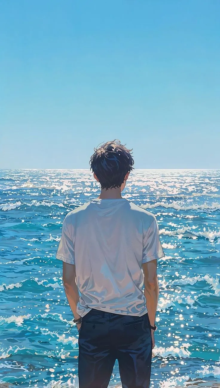 a man standing on top of a sandy beach next to the ocean under a blue sky