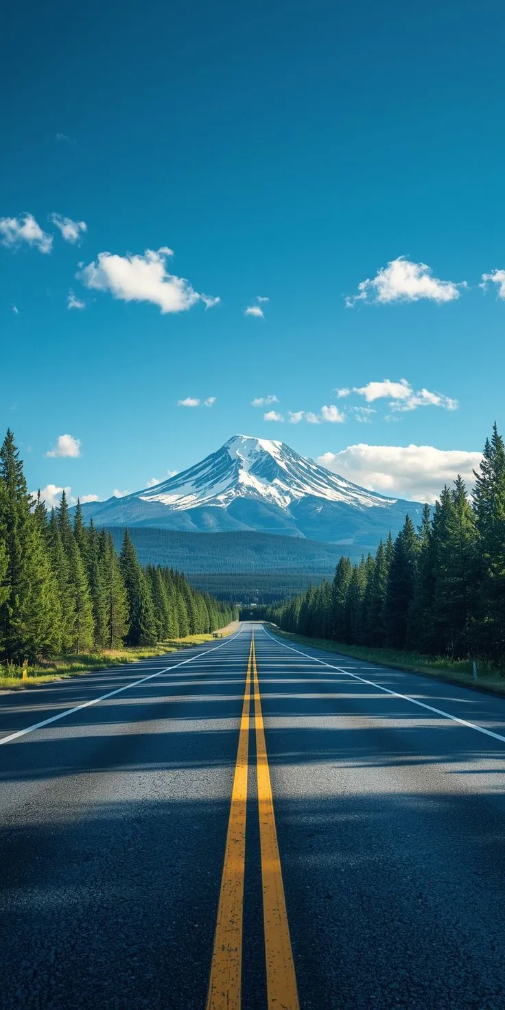 an empty road with trees on both sides and a mountain in the distance behind it
