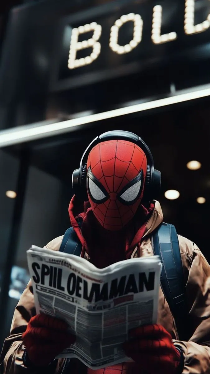 a man wearing headphones reading a newspaper in front of a building with the word bold on it
