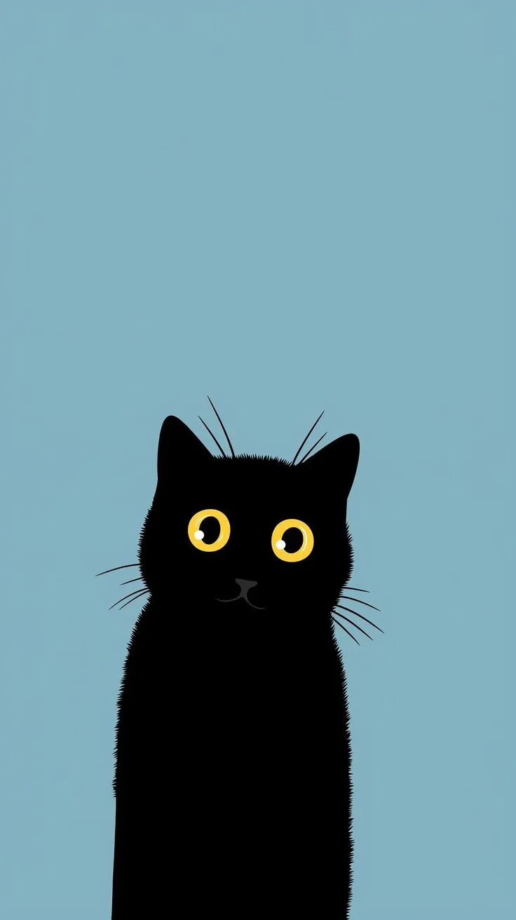 a black cat with yellow eyes sitting on a blue background and looking at the camera