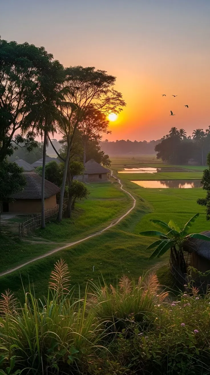 the sun is setting over a lush green field with trees and houses in the background