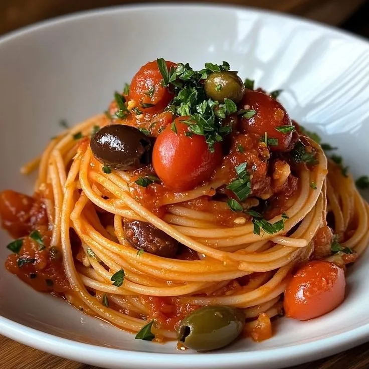 a white bowl filled with spaghetti and olives