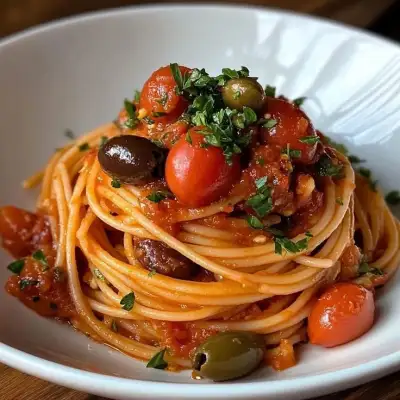 a white bowl filled with spaghetti and olives