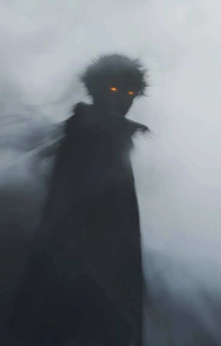 a blurry image of a man with glowing eyes and hair in the fog,