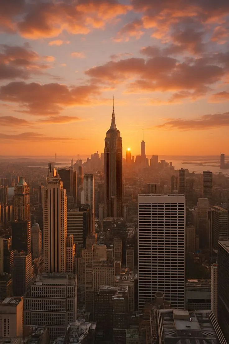 the sun is setting over a city with tall buildings and skyscrapers in the foreground