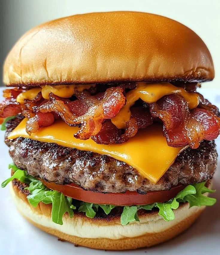 a bacon cheeseburger with lettuce and tomato on it's bun