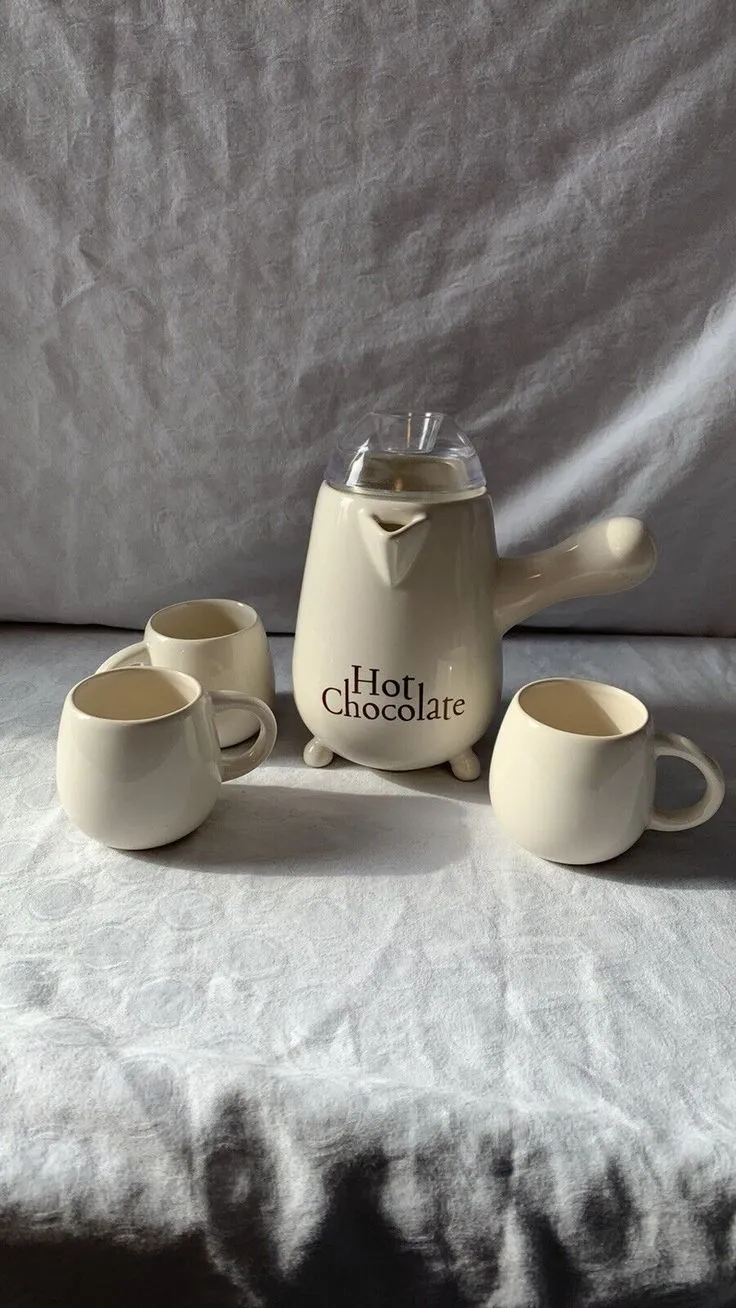 French Cafe Hot Chocolate Ceramic Set Three Cups, Pitcher