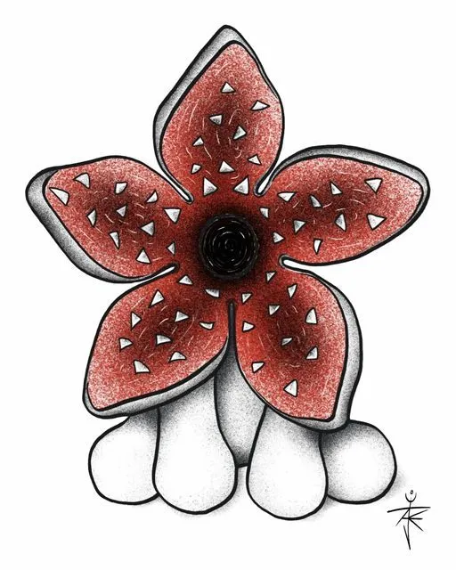 a drawing of a red flower with white petals