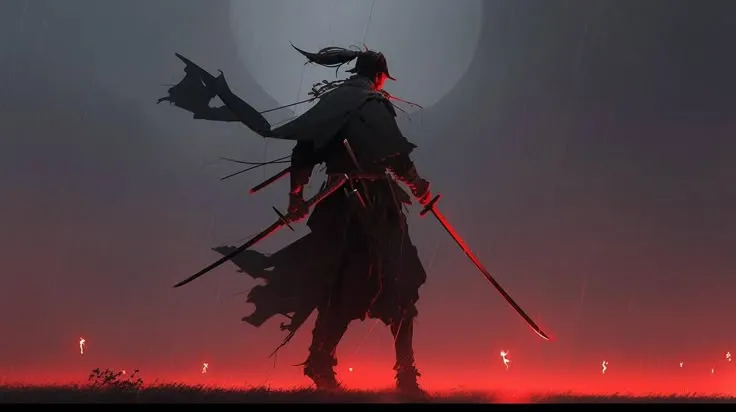 a person standing in the rain with two swords