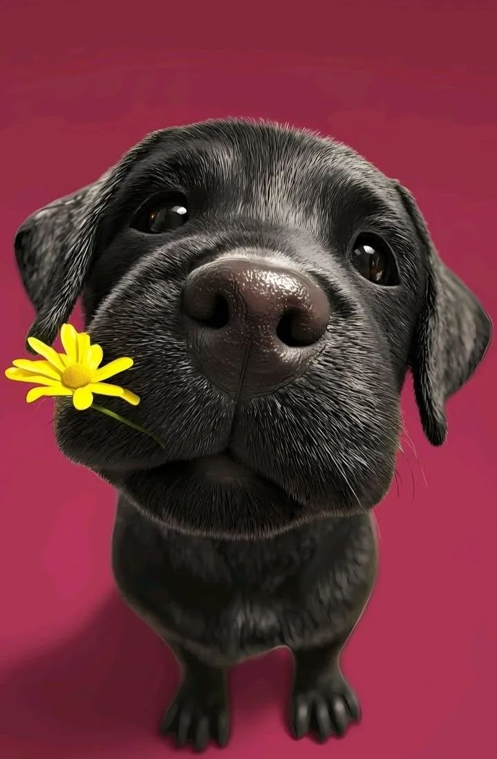 a black dog with a yellow flower in its mouth looking at the camera on a pink background