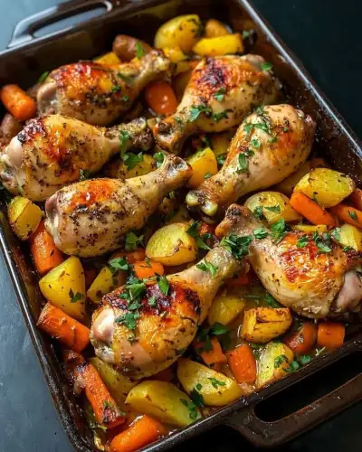 chicken, potatoes and carrots in a roasting pan with parsley on top
