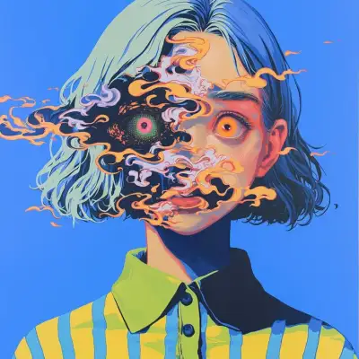 a painting of a man with his eyes open and hair blowing in front of him