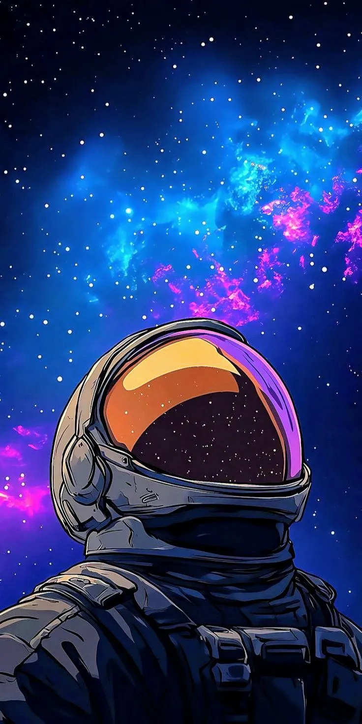 an astronaut looks out at the stars in the night sky with his space suit on