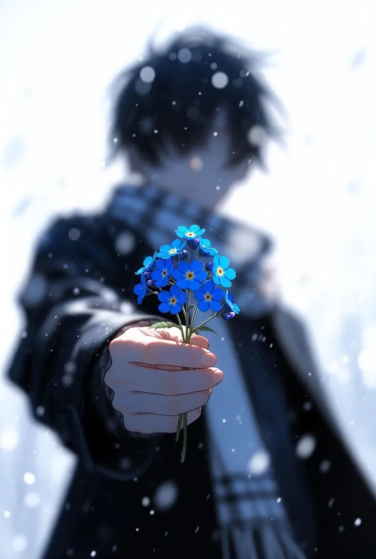 a person holding a blue flower in their hand with snow falling on the ground behind them