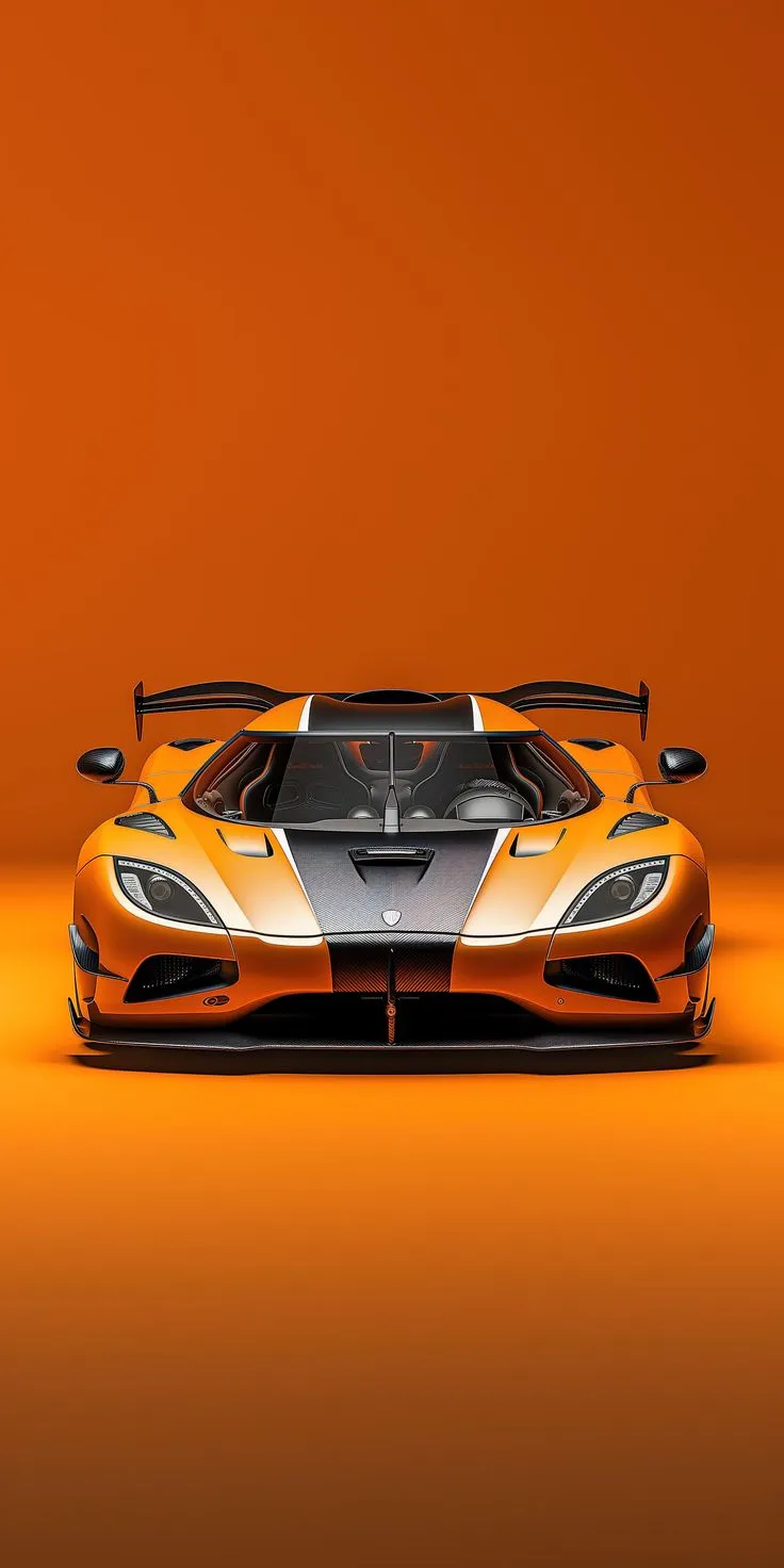 an orange and white sports car is shown in front of an orange background with the hood down