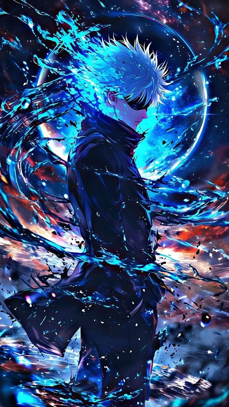 an anime character with blue hair standing in the water