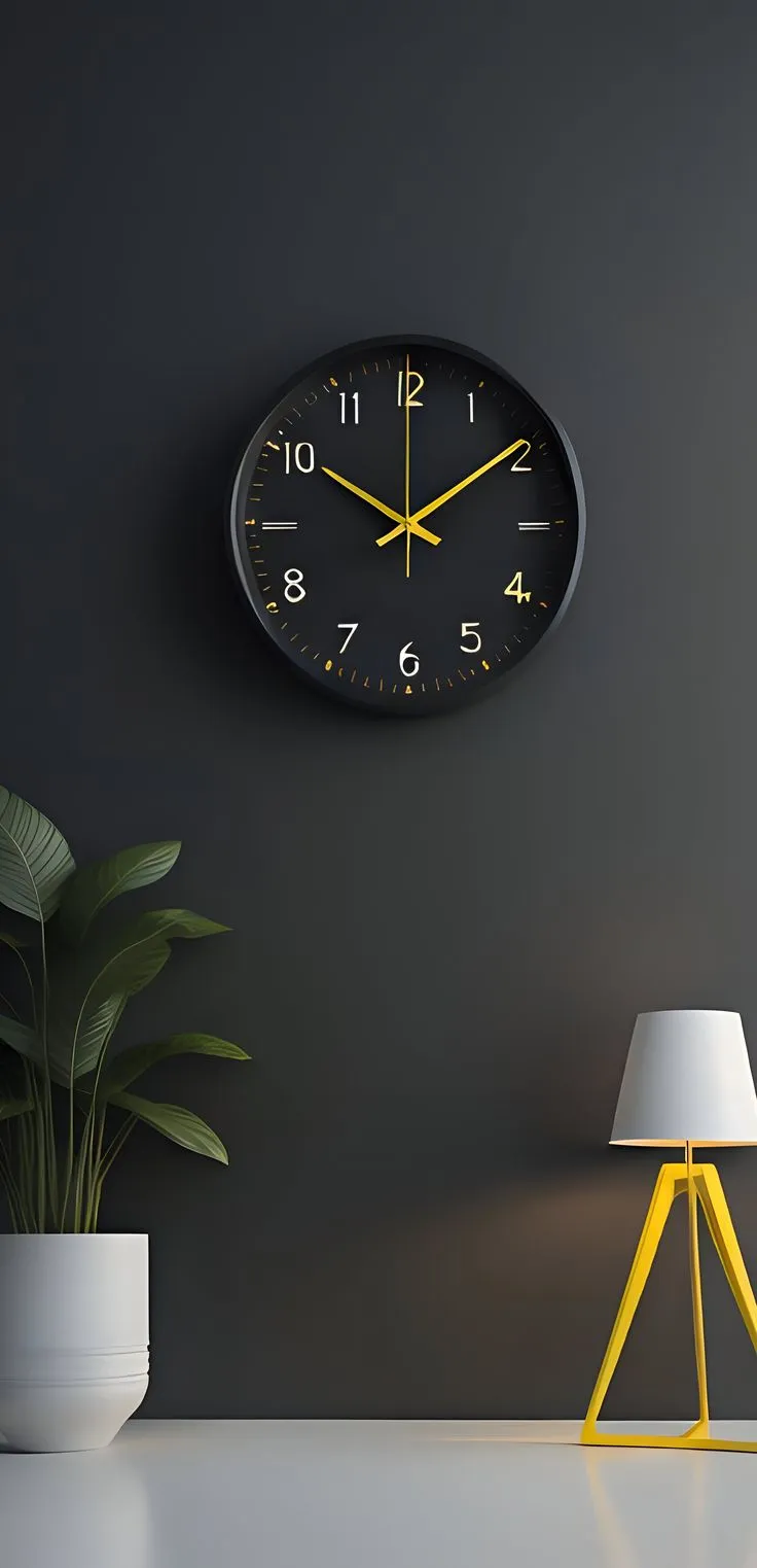 a clock on the wall next to a lamp and potted plant in a room