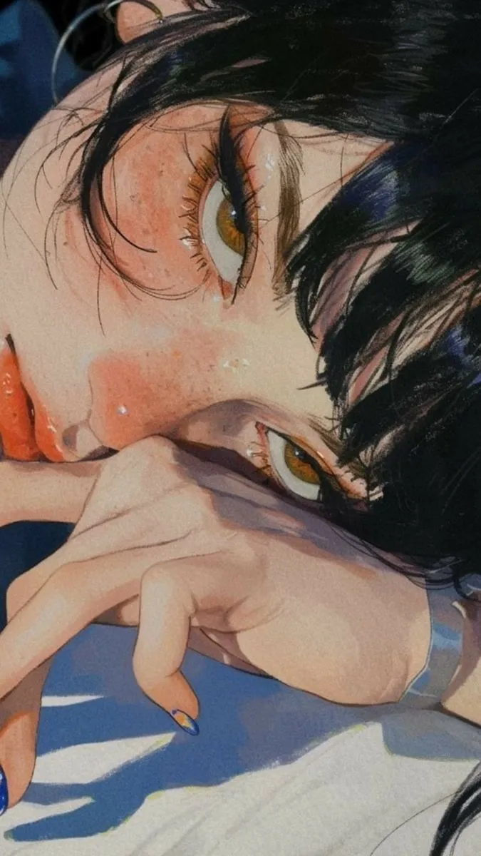 a painting of a woman laying down with her hand on her face and eyes open