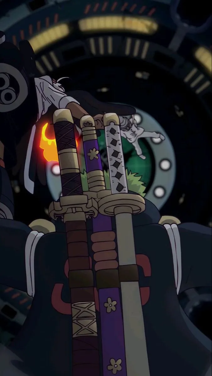 an animated image of a person holding two swords in front of a large clock face