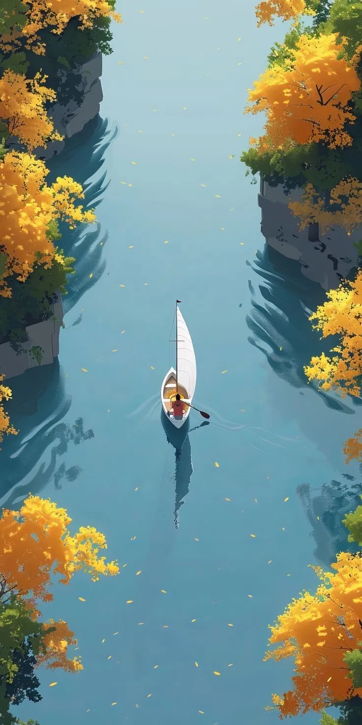 a boat floating on top of a river surrounded by yellow flowers and trees in the background