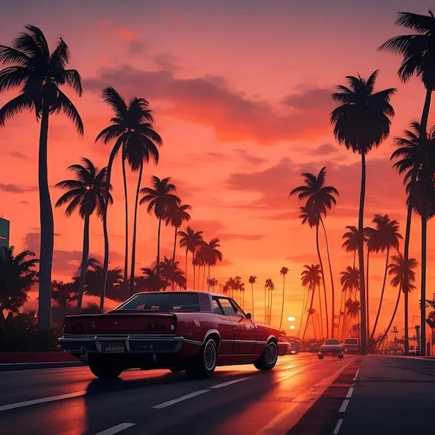 GTA 5 Vibes Sonnenuntergang Miami AI | Premium KI-generiertes Bild
