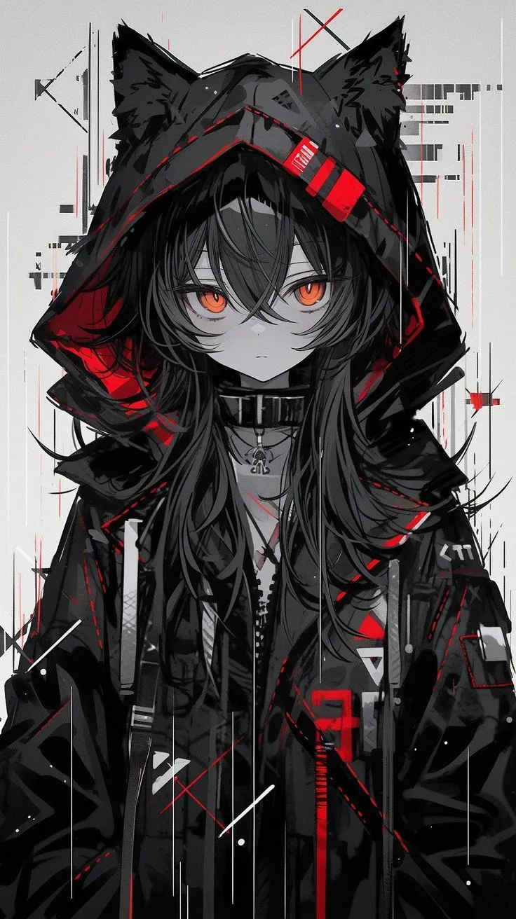 an anime character with long black hair and orange eyes wearing a hoodie, standing in front of a white background