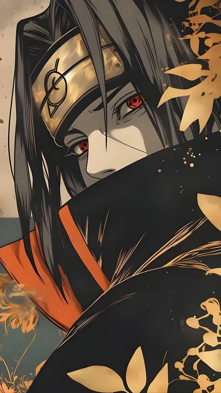 an anime character with black hair and red eyes