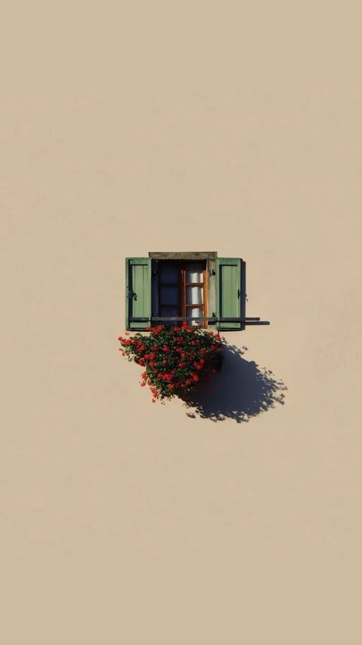 an open window with green shutters and red flowers in the planter below it