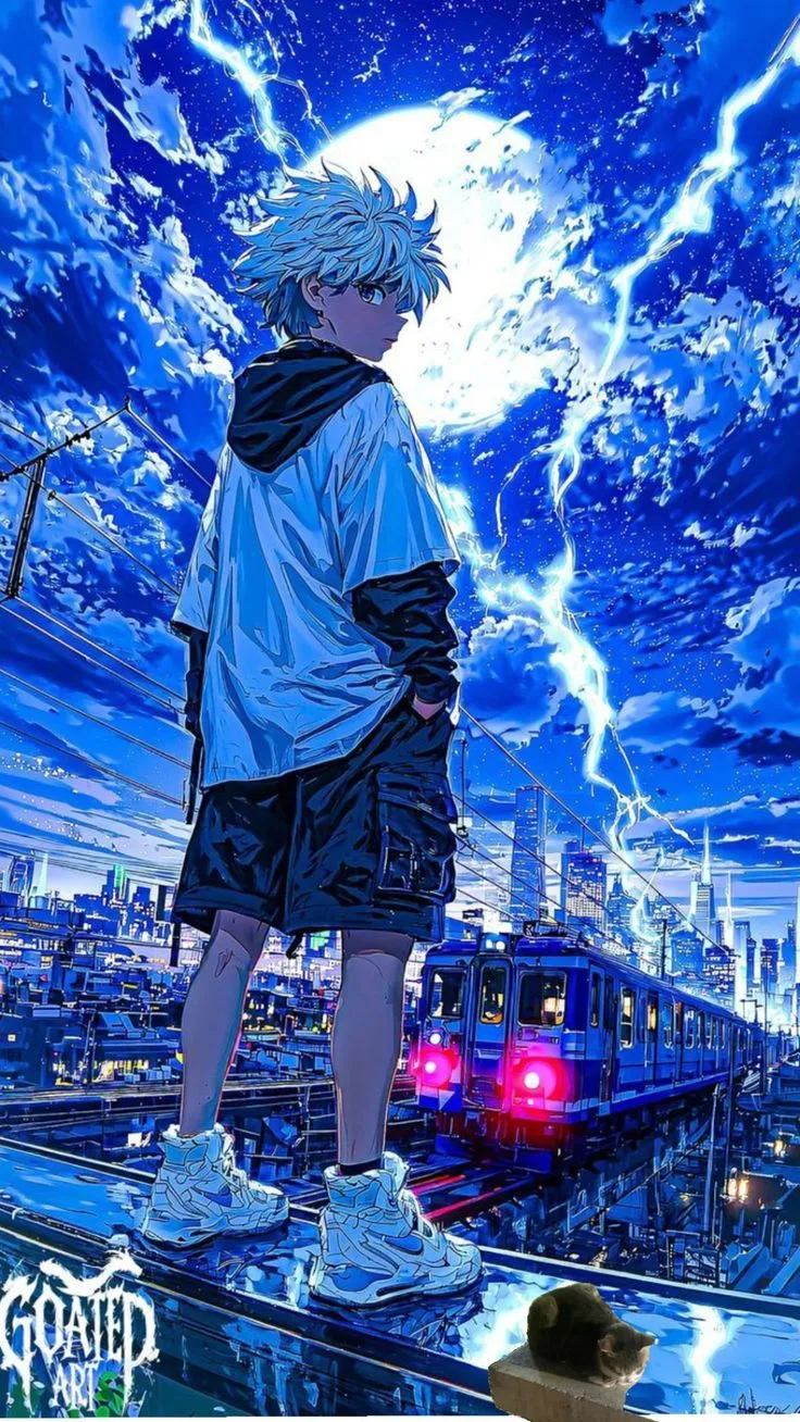 an anime character standing on top of a train track in front of a blue sky