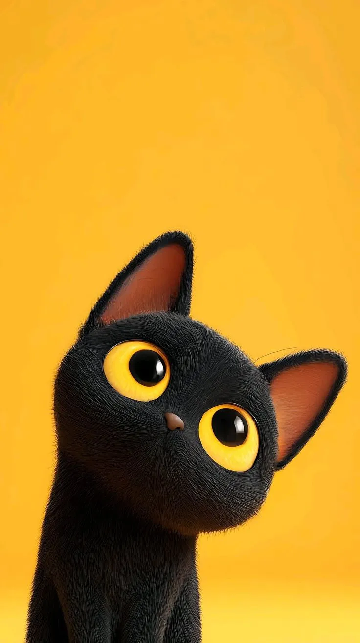 a black cat with yellow eyes sitting down