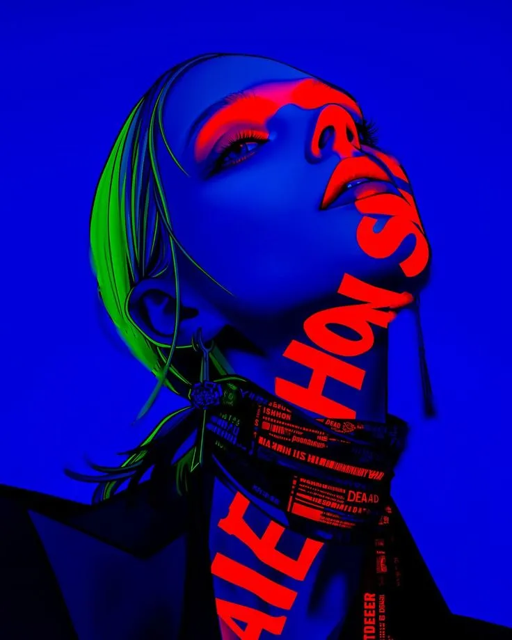 a woman with her face painted red, blue and green in the shape of letters