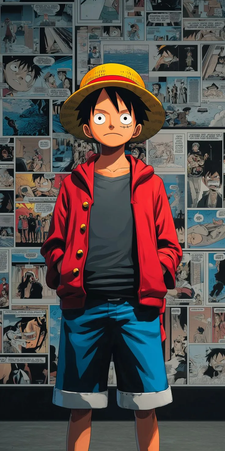 a young man wearing a red jacket and hat standing in front of a wall covered with comics