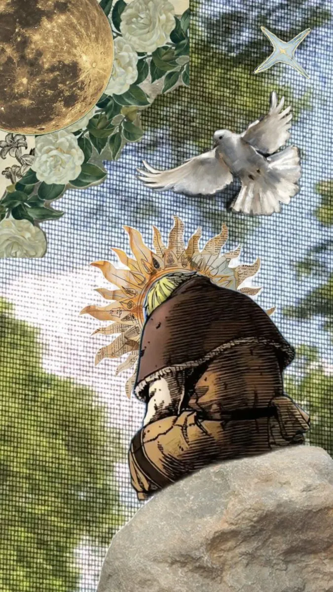 two birds flying over a man's head with flowers on the side and trees in the background